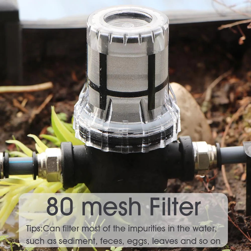 Black misting filter housing with clear top for 80-mesh water filtration