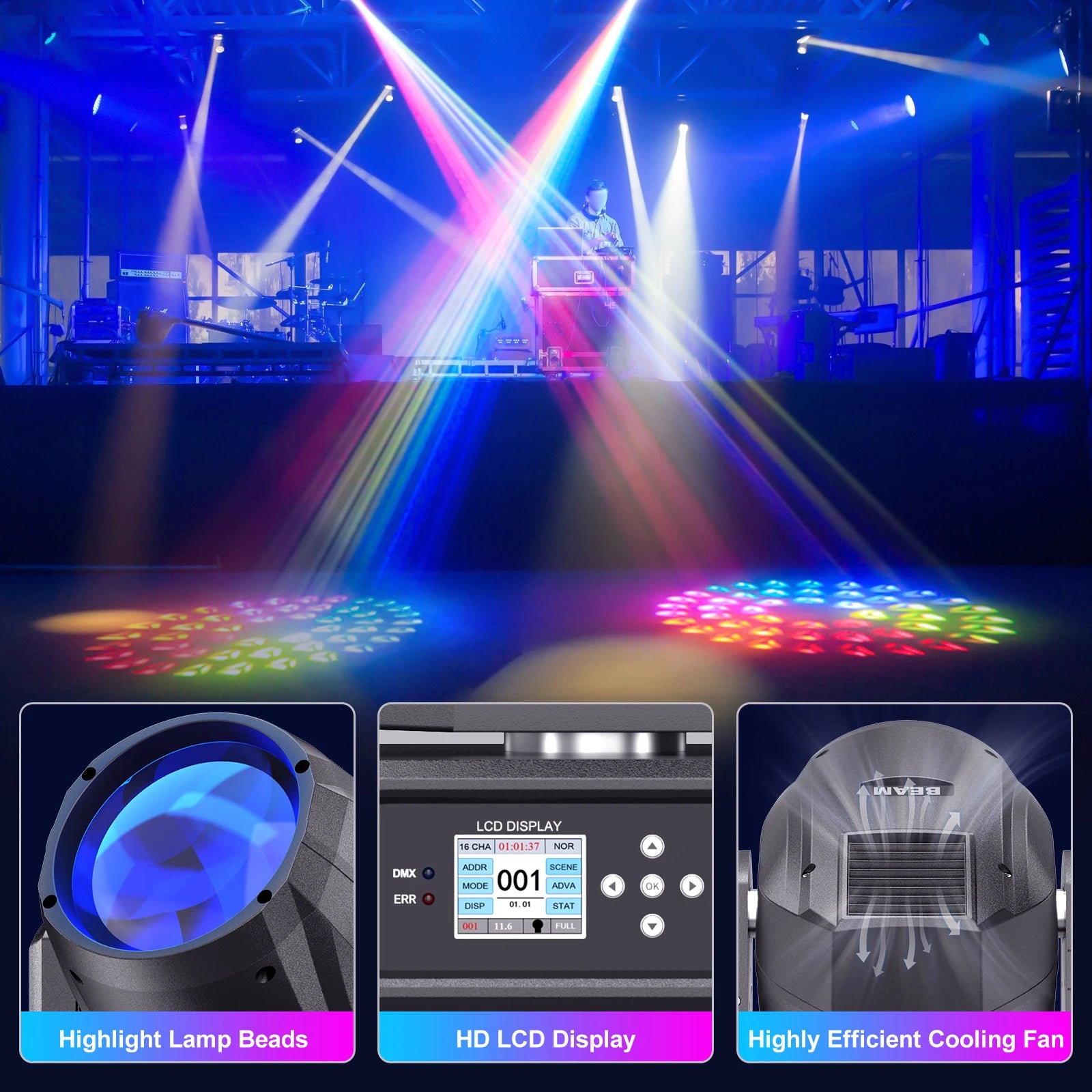 Moving head light casting multicolor beams and starry gobo patterns across a stage