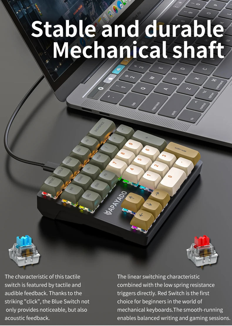 APAYADO K33 Mini Numeric Keyboard 33Keys,Blue Mechanical Shaft,RGB,PBT Keycaps for Treasury / Accounting / Finance