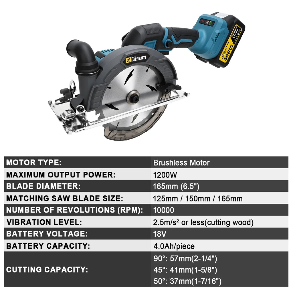 Gisam 165mm 10000RPM Brushless Electric Circular Saw Cordless Adjustbale Angle Woodworking Power Tool For Makita 18v Battey Pins