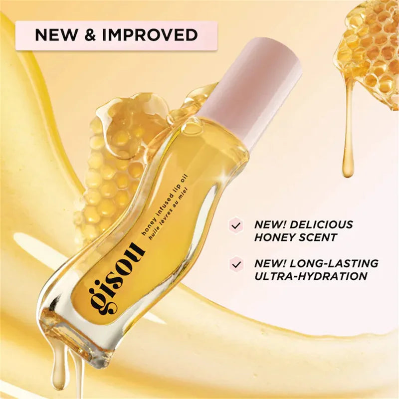 Gisou Honey Infused Lip Oil with glossy, golden hydrating texture and honeycomb background for plump, nourished lips.