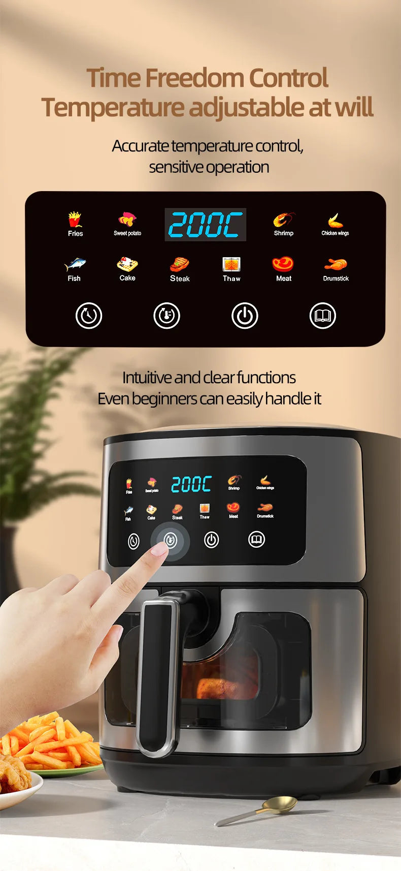 Wholesale 10L Black Air Fryer Fast Healthy Oil-Free,Visual Window ,Make Snacks, Pastries, and Finger Foods,Household Party Use