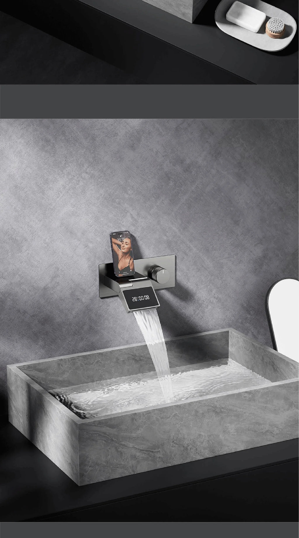 Luxury Gun Gray Brass Wall Mounted Bathroom Faucet with LED Digital Display Single Handle Hot & Cold Water Embedded Bathroom Tap