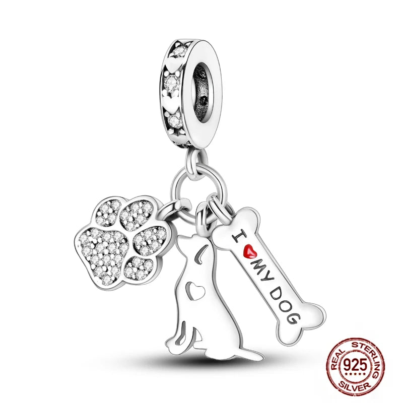 925 Sterling silver dog charm for bracelets with sparkling paw, dog silhouette, and "I love my dog" bone pendant.