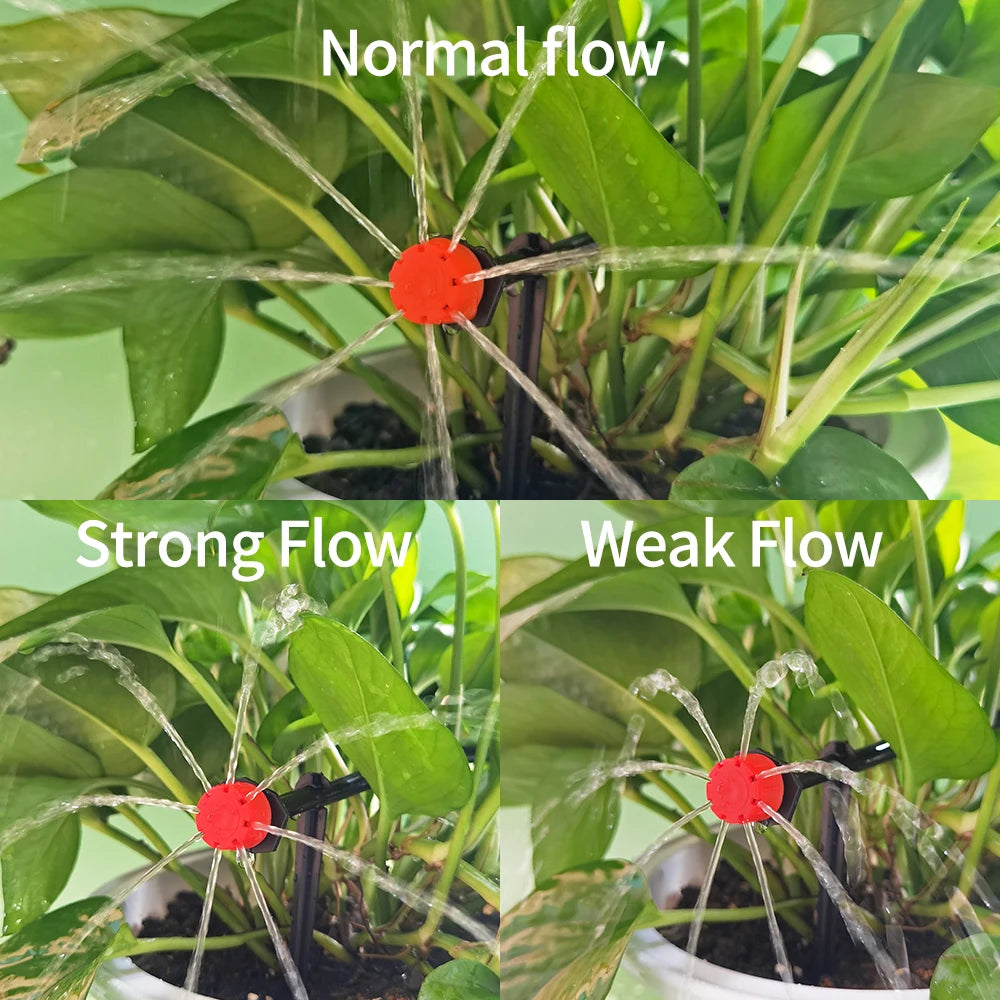 Micro drip drippers showing different water flow strengths on garden leaves
