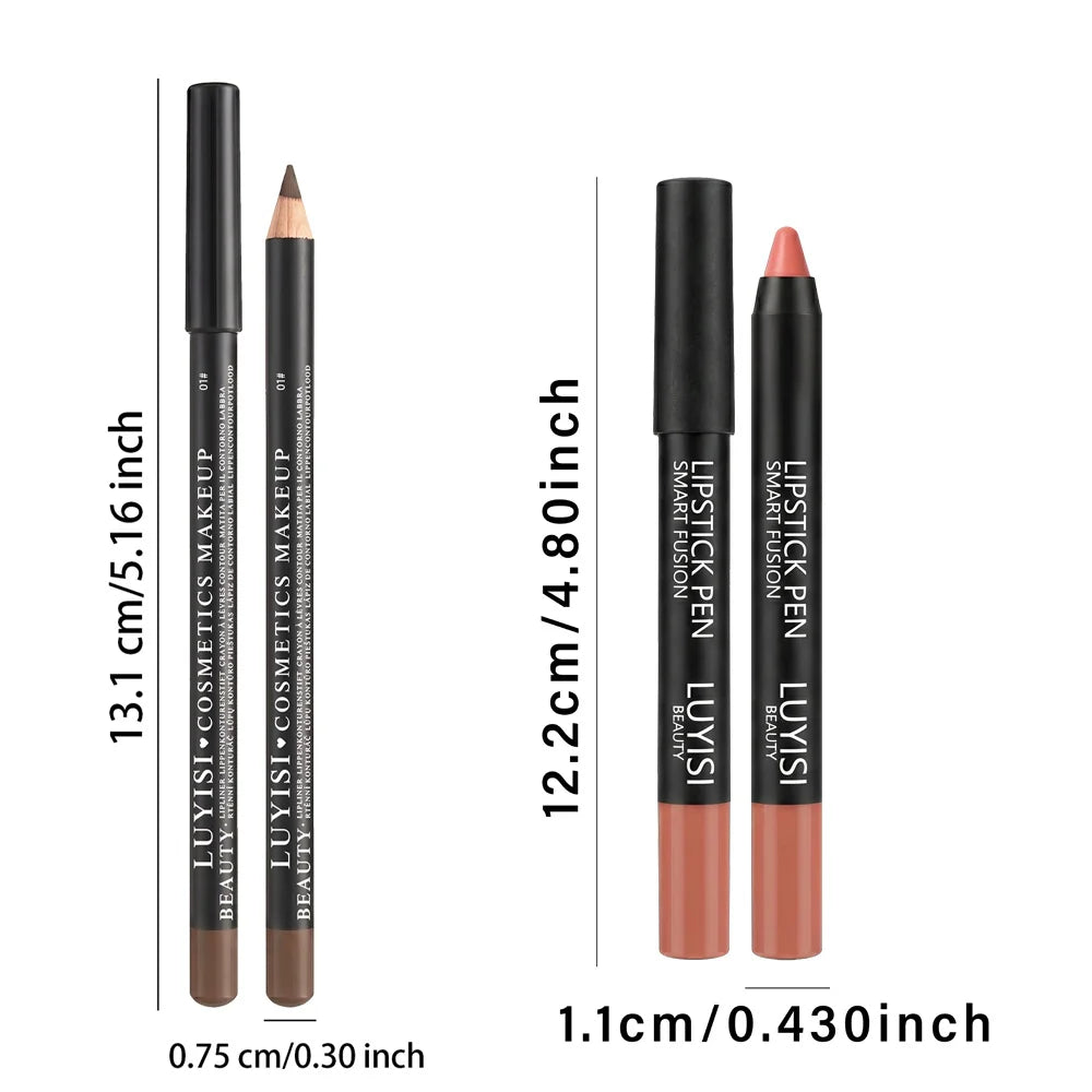 2pcs velvet lip set with brown matte long-lasting lip liner and waterproof peach lipstick pencil for defined lips.