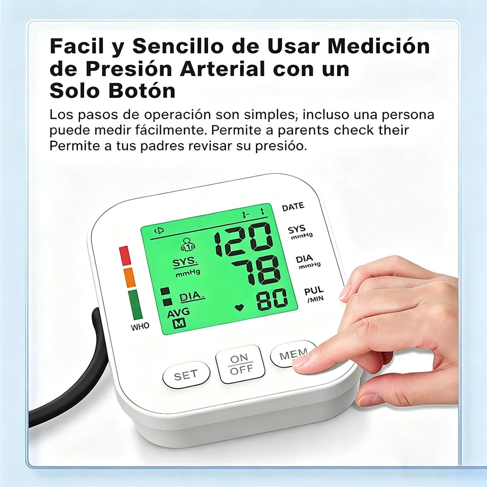 Spanish Blood Pressure Monitor Upper Arm Automatic Tonometer BP Cuff Machine with Backlight LED Display for Home Use Health Care