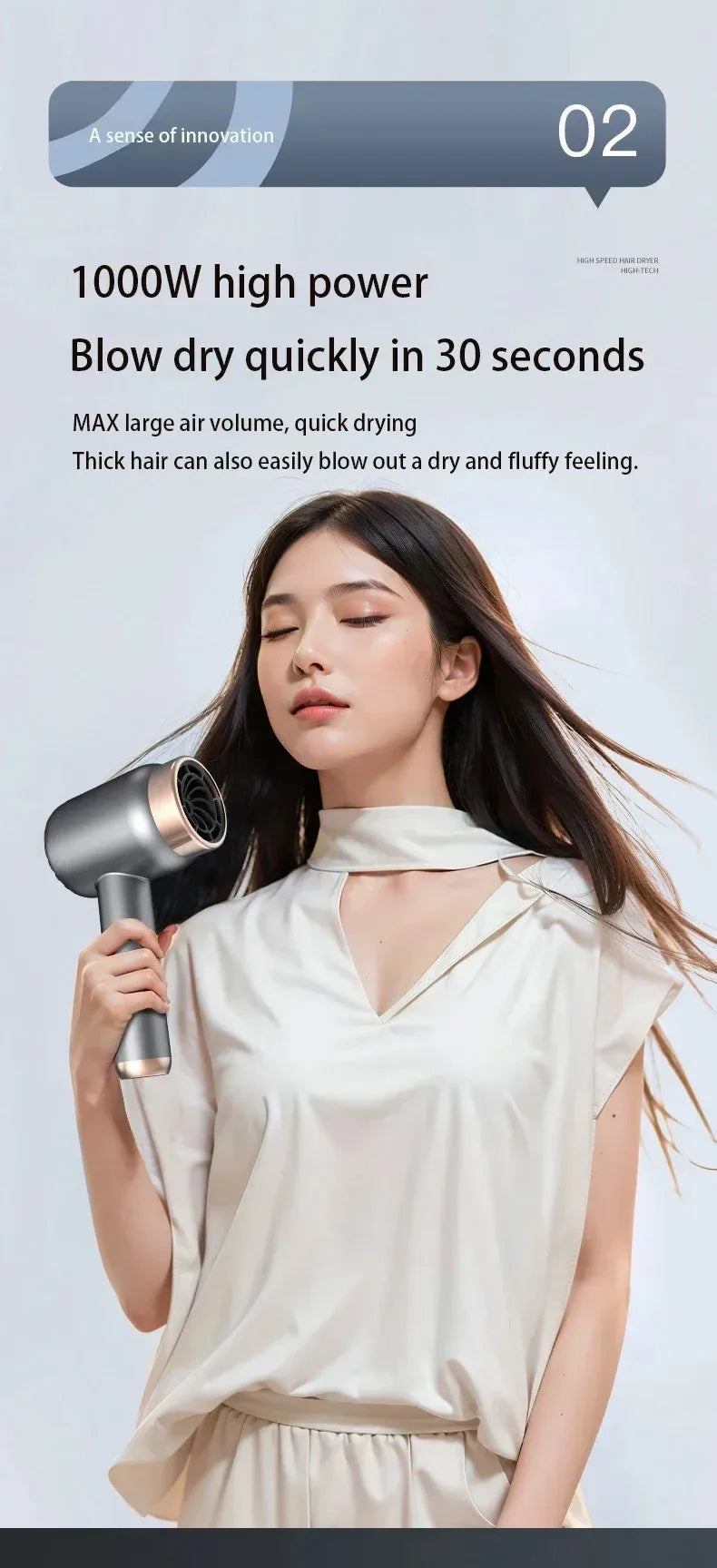 Woman using a 1000W portable grey and rose gold USB rechargeable hair dryer for quick drying.