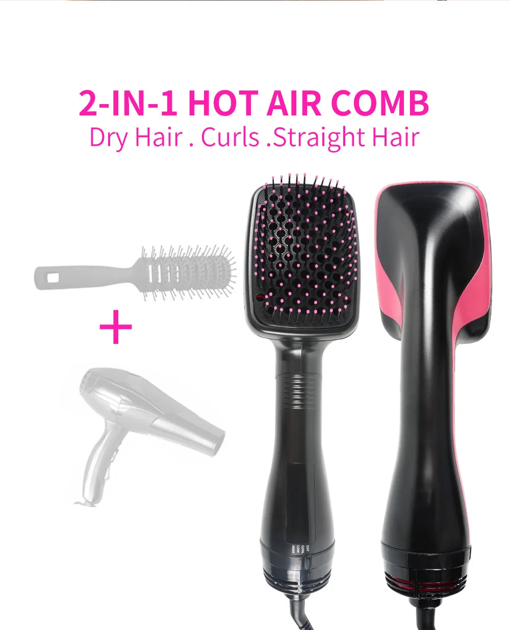 Black and pink 2-in-1 hot air brush and hair dryer set for straightening, curling, and drying hair.