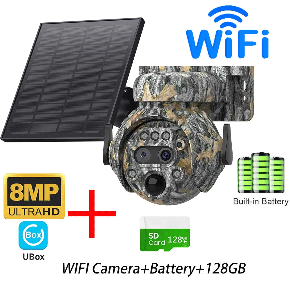 INQMEGA 8MP Solar Powered Camera 4K 4G / WIFI Solar Camera Solar Panel  Security PIR Human Detection Cam in Forest