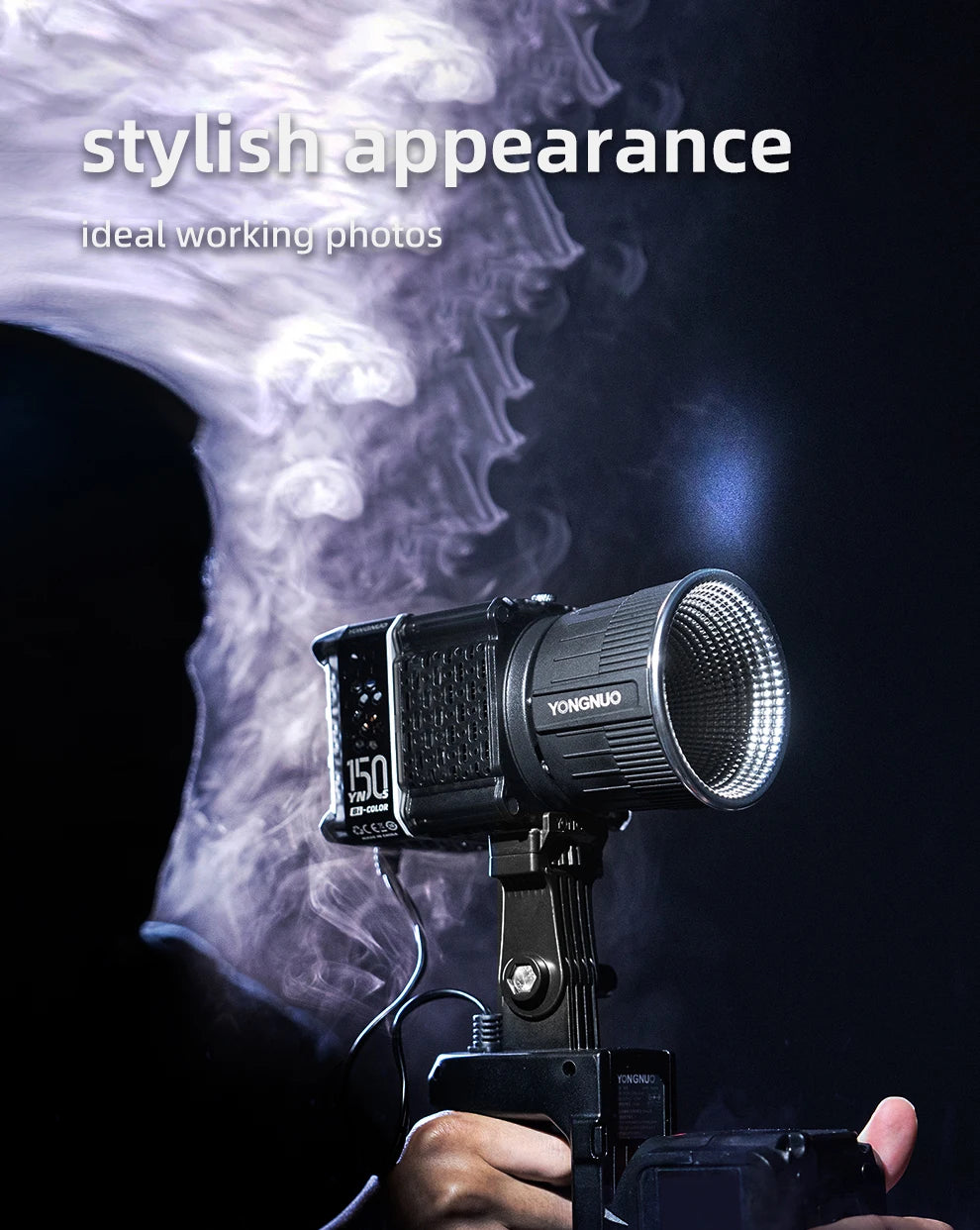 Black YN150 LED video light with a circular reflector, mounted on a handgrip for studio or field photography.