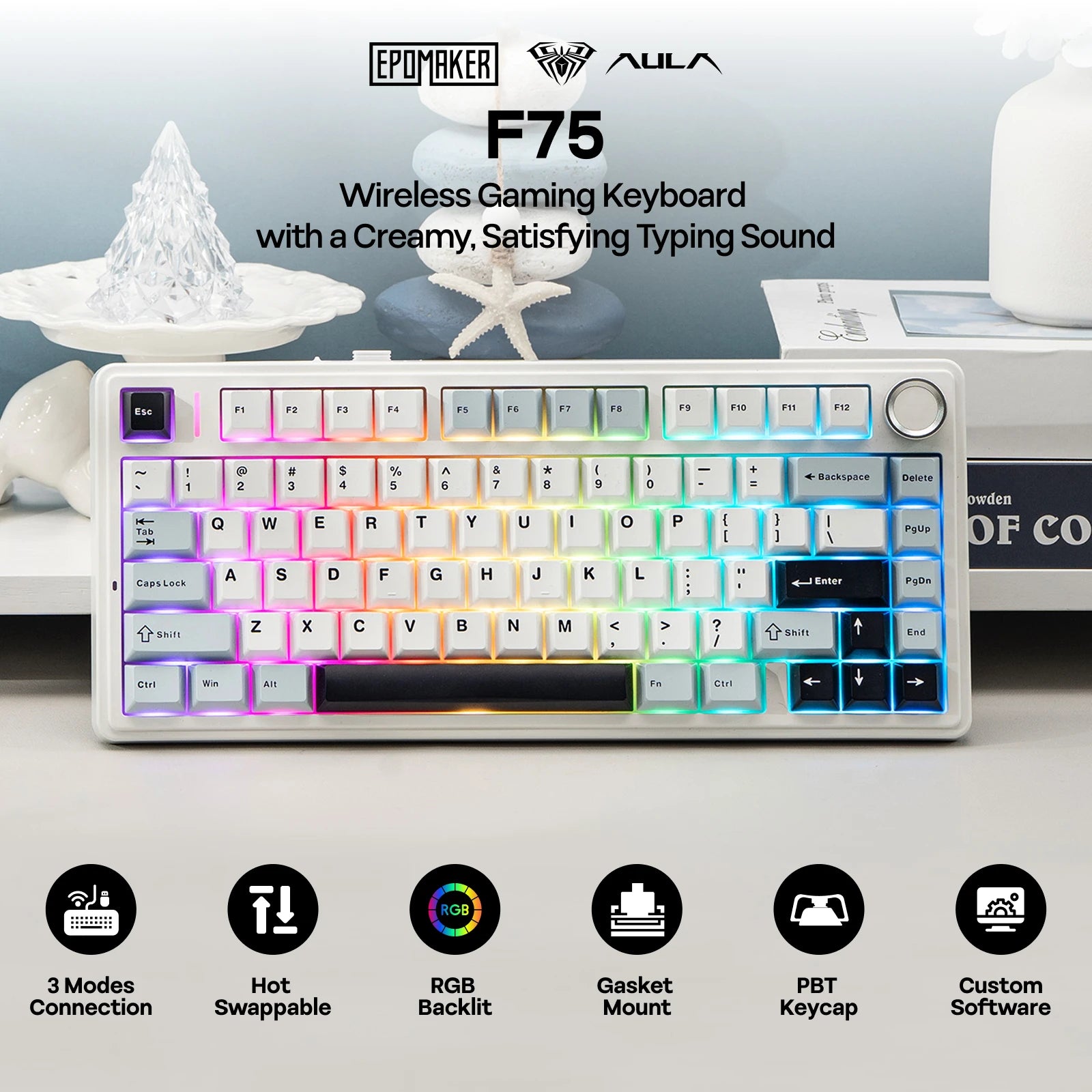 EPOMAKER x AULA F75 75% ANSI Hot-Swap Gasket Bluetooth 5.0/2.4G Wireless/Wired Mechanical Keyboard PBT Keycaps for Mac/Win