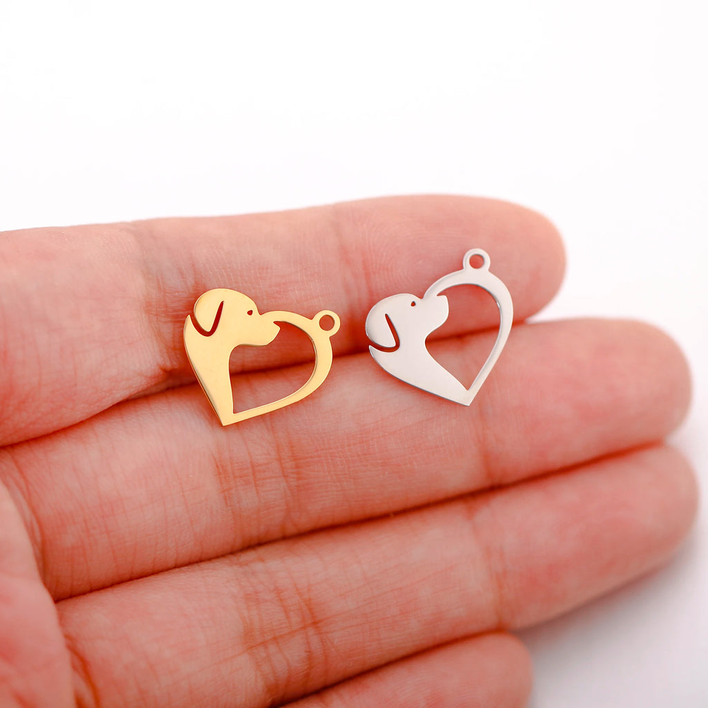 Gold and silver heart-shaped dog charms for DIY jewelry making, crafting personalized pet-themed necklaces and bracelets.