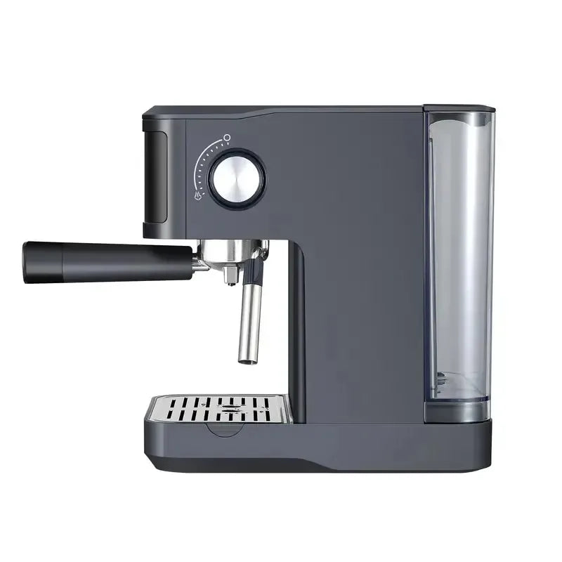Compact dark grey espresso machine with portafilter, steam wand, and side water tank on a white background.