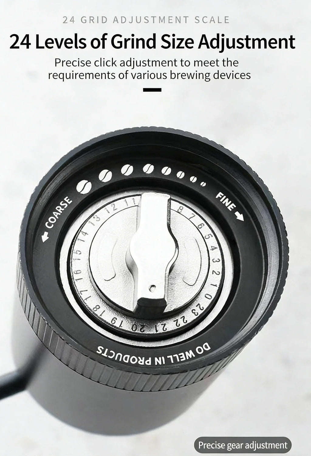 Do Well In manual coffee grinder top view showing black dial with 24 precise grind size adjustment settings.
