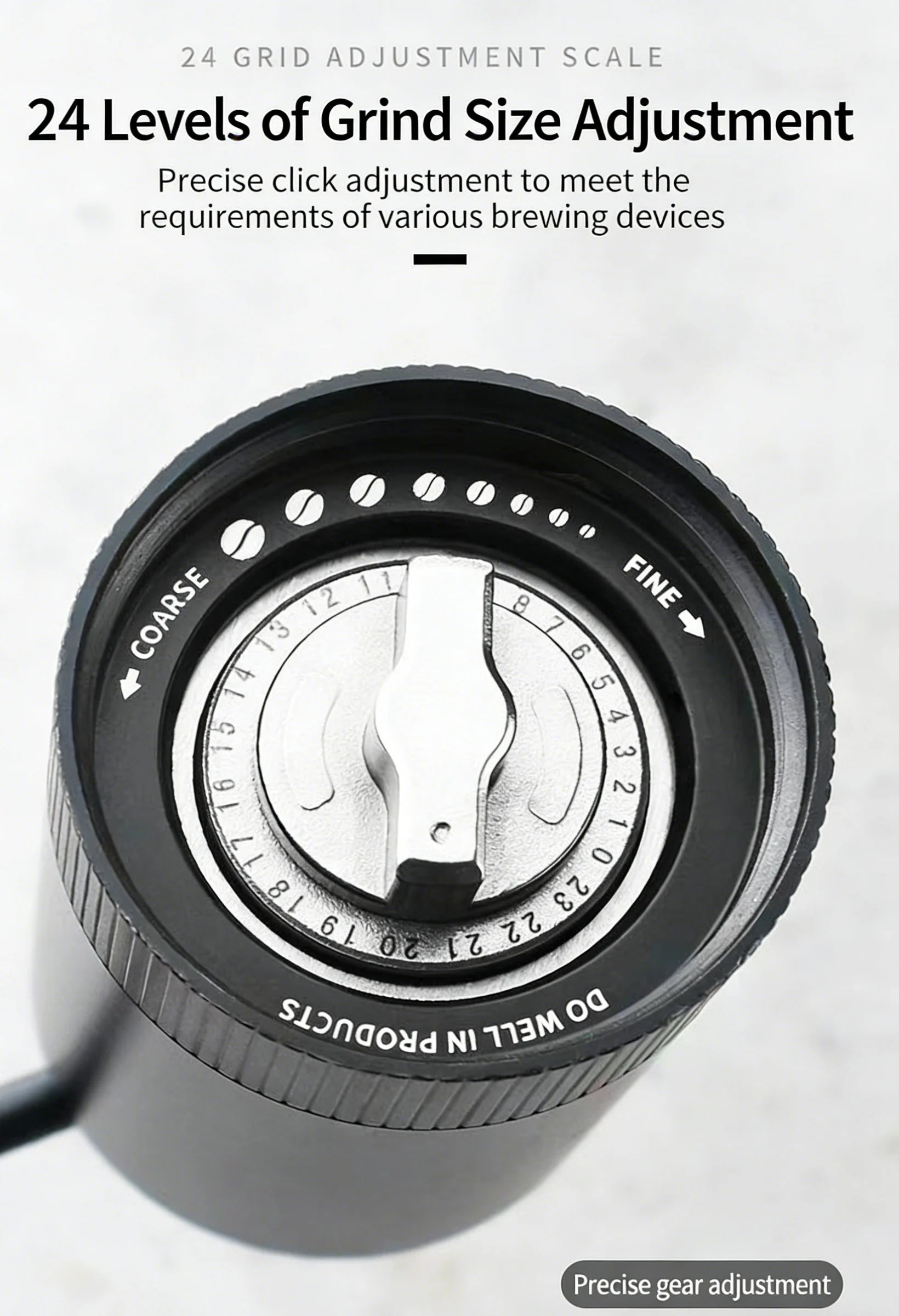 Do Well In manual coffee grinder top view showing black dial with 24 precise grind size adjustment settings.