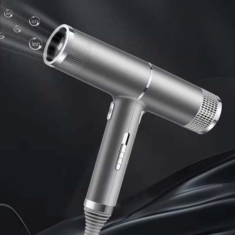 Silver leafless negative ion hair dryer with intelligent temperature control for quick, low-noise drying.