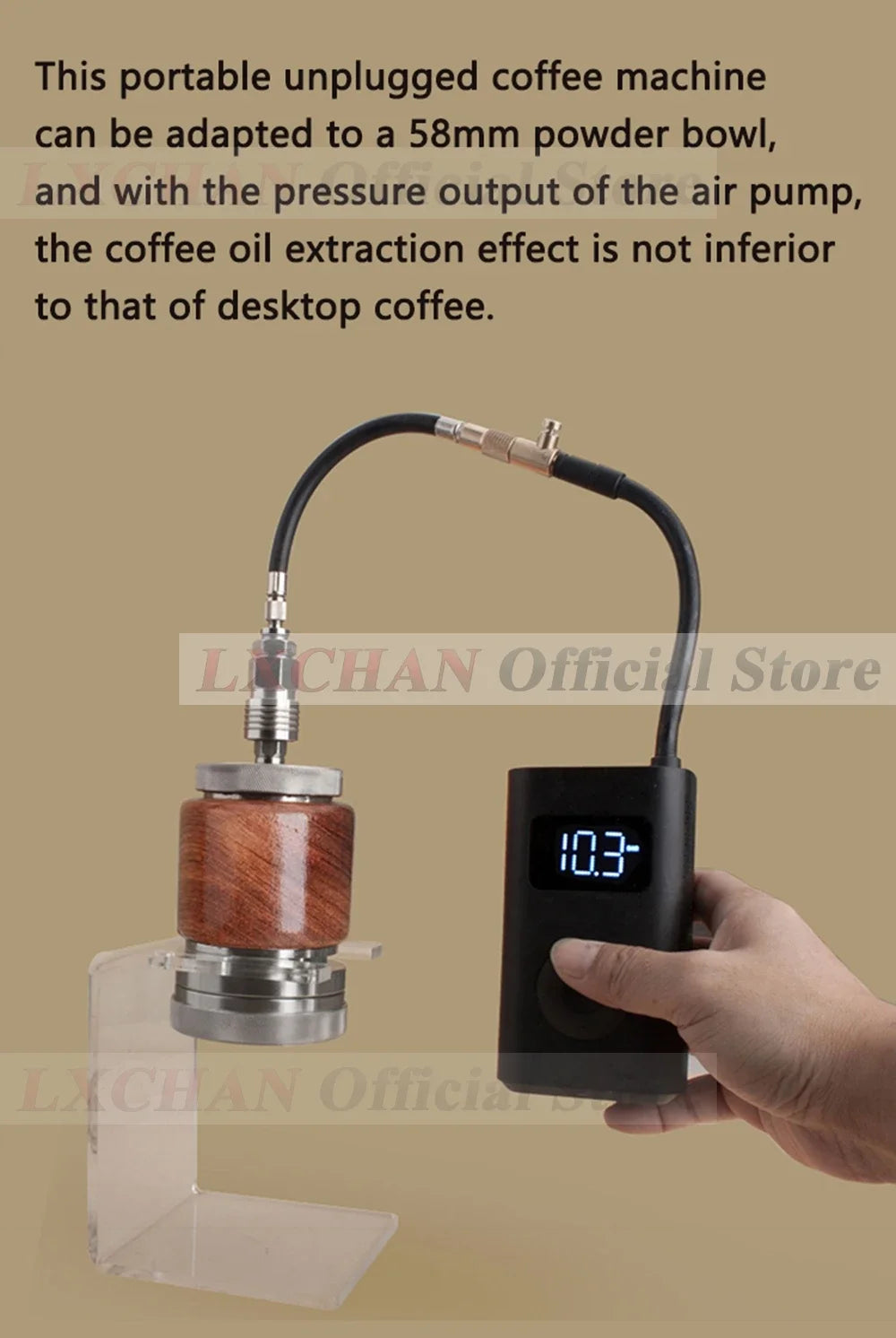 LXCHAN portable coffee maker with 58mm wooden powder bowl, air pump pressure system, and digital display on black base.