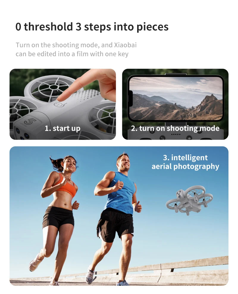 White Xiaobai drone with propeller guards, shown being powered on, connected to a phone, and filming people running.