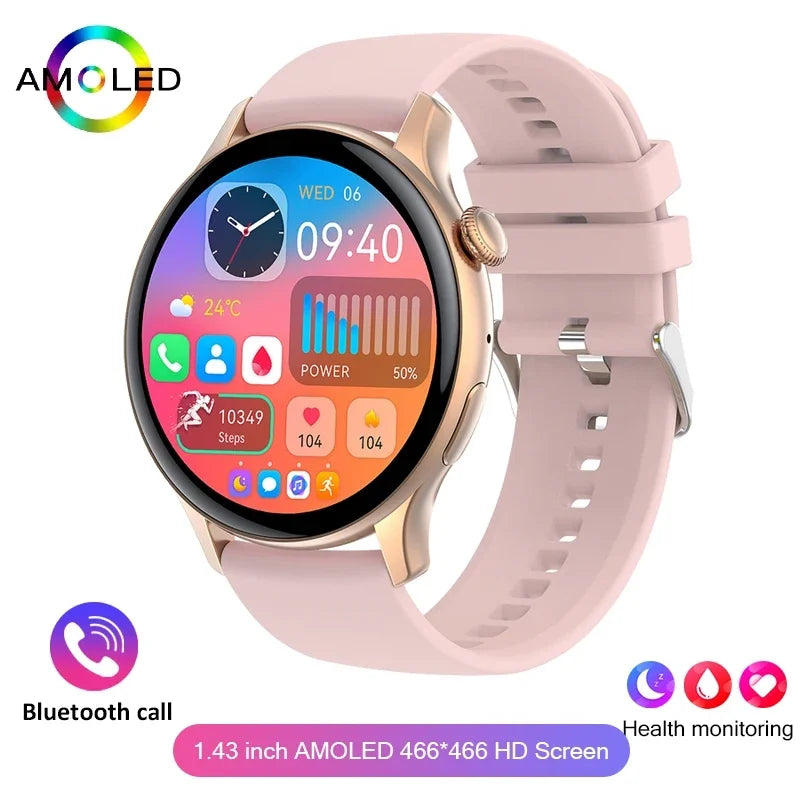 Rose gold ladies AMOLED smartwatch with colorful screen and pink silicone band
