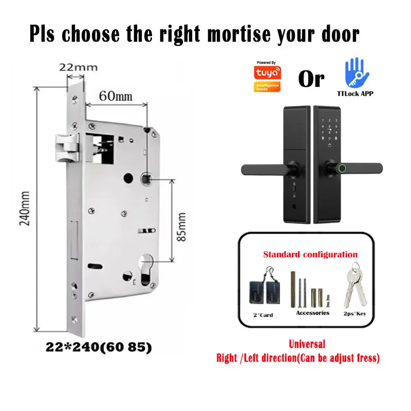 Keyless Tuya Bluetooth APP Digital Biometric Fingerprint Electric Smart Door Handle Key Card Lock with 5050 72 85 Mortise
