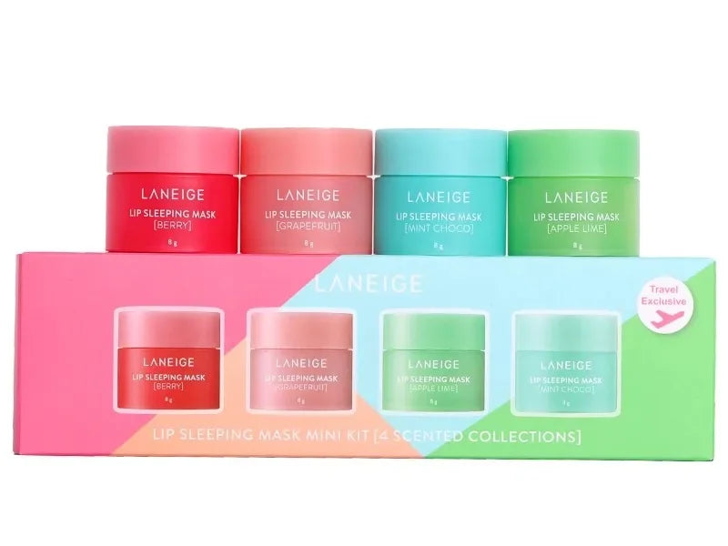 Laneige Lip Sleeping Mask mini kit featuring four scented, colorful hydrating lip treatment balms in travel-size jars.