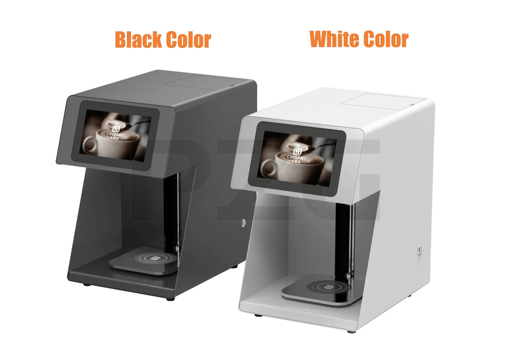 Cindart automatic coffee printer machines in black and white with digital touchscreens for latte art.
