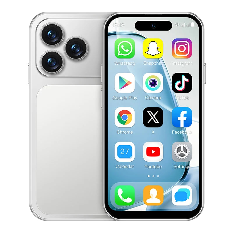 Silver mini smartphone with triple rear cameras and app icons on display