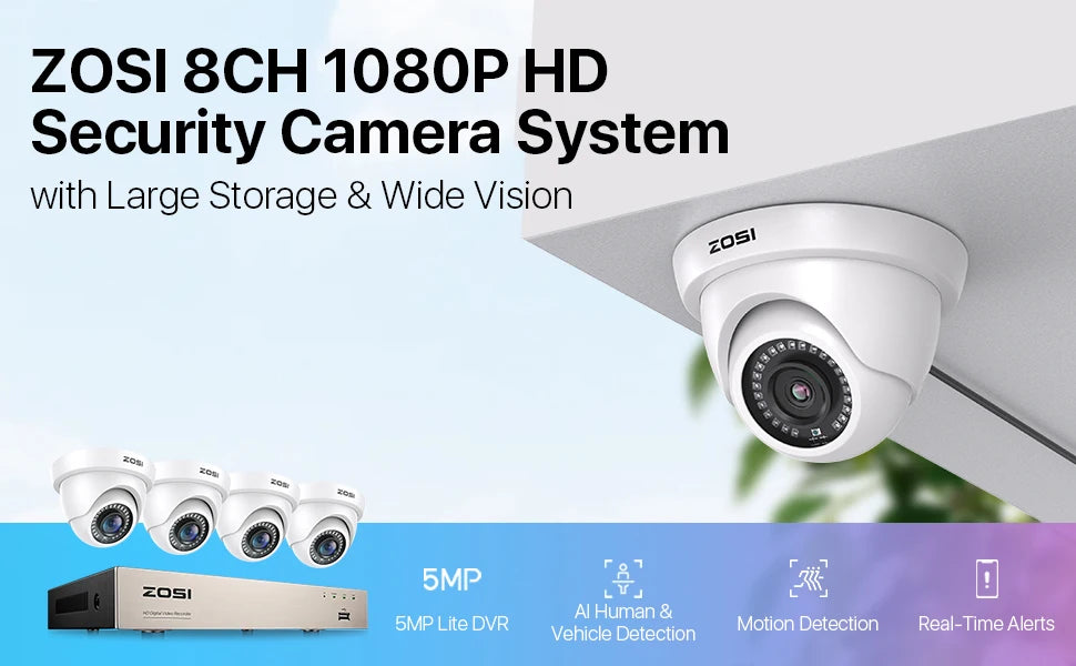 ZOSI 8CH 1080P Wired Security Camera System H.265+ 8CH 5MP Lite HD CCTV DVR Recorder 2MP Indoor/Outdoor Dome Surveillance Camera
