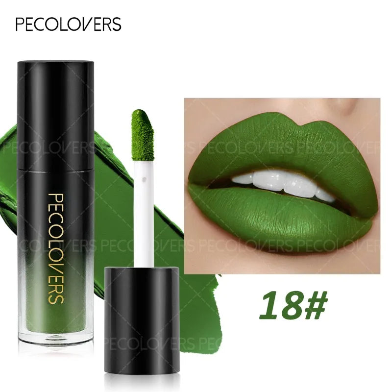 Green matte liquid lipstick in a black tube, long-lasting waterproof lip gloss with a smooth, non-drying finish.
