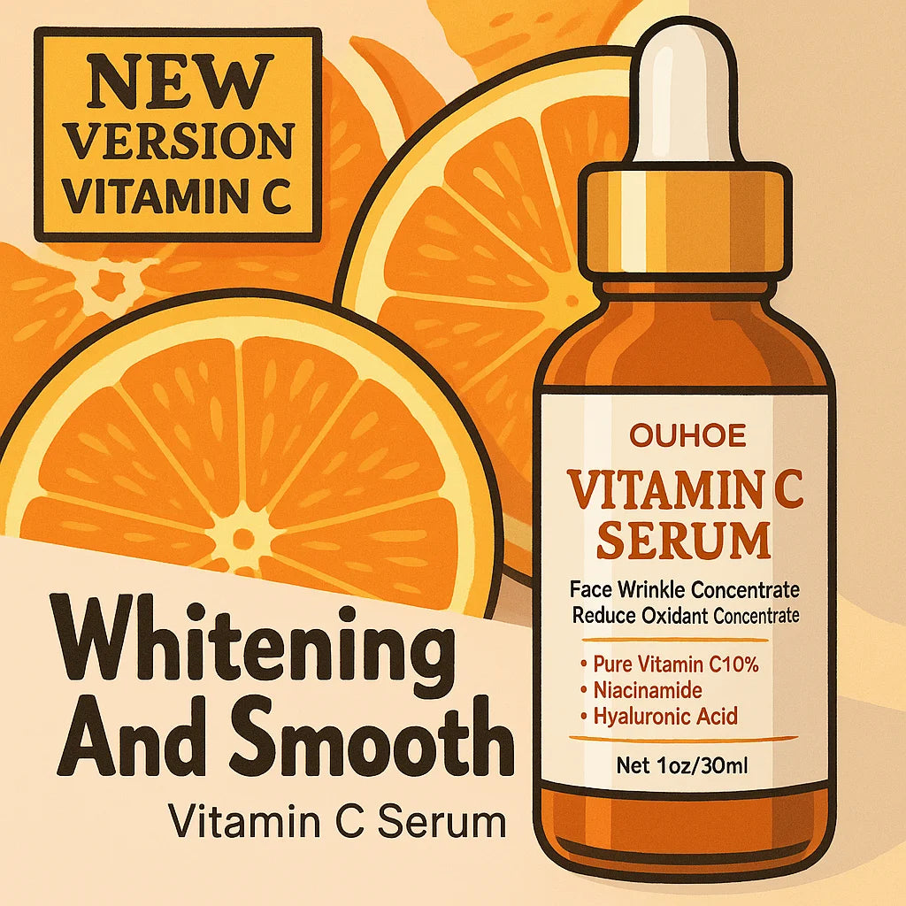OUHOE Vitamin C serum in a brown glass dropper bottle, illustrated against a background of orange slices.