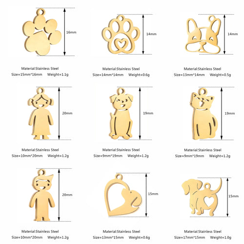 Stainless steel pet claw charm set, shown with size and weight diagrams for figures