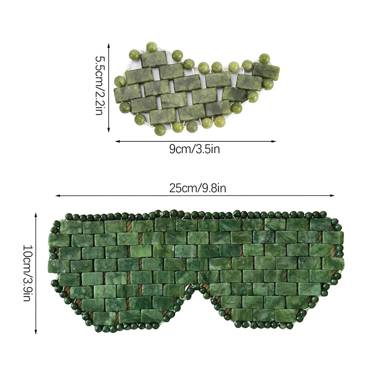 Green jade stone eye mask and smaller patch with brick-pattern tiles and bead edges for facial relaxation.