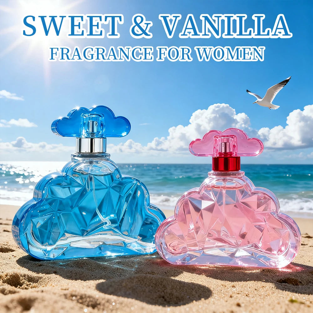 Sweet & Vanilla women's EDT set: 3.4oz cloud-shaped bottles with lavender, bergamot, pear notes on a sunny beach.