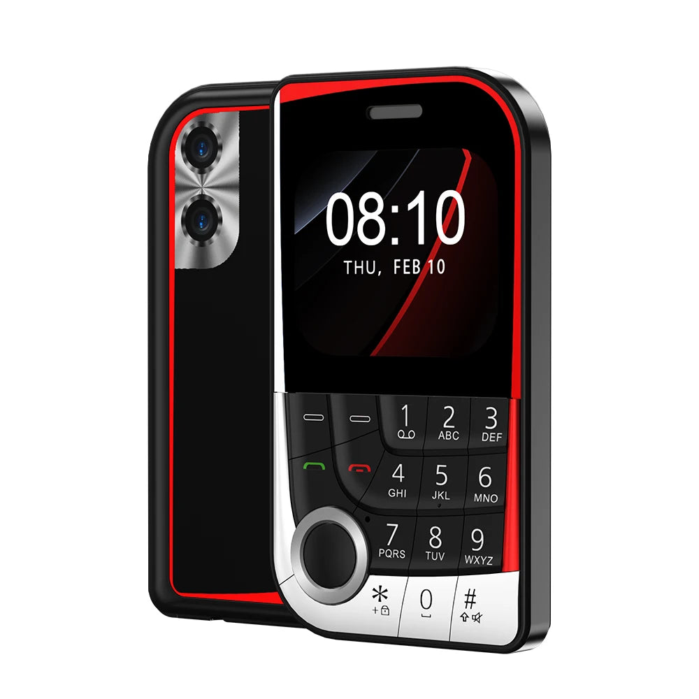 Mini 2G card phone with keypad, black body and red trim