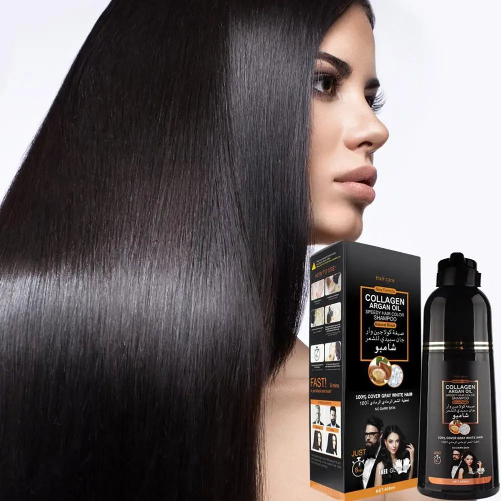 3-in-1 Collagen Argan Oil Shampoo Long-Lasting Black Hair Dye Shampoo for Men Women Nourishes Colors Gray Hair, 500ml Formula