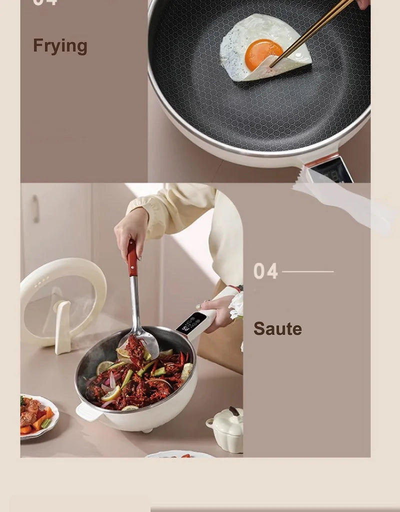 Electric non-stick frying pot with lid, cooking surface with egg ingredient