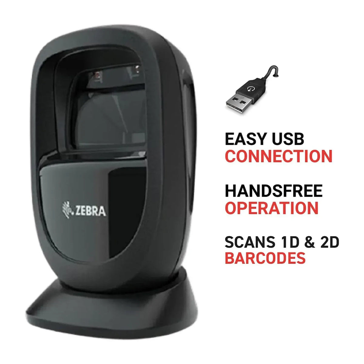 Zebra DS9308 desktop presentation barcode scanner with USB cable, black body