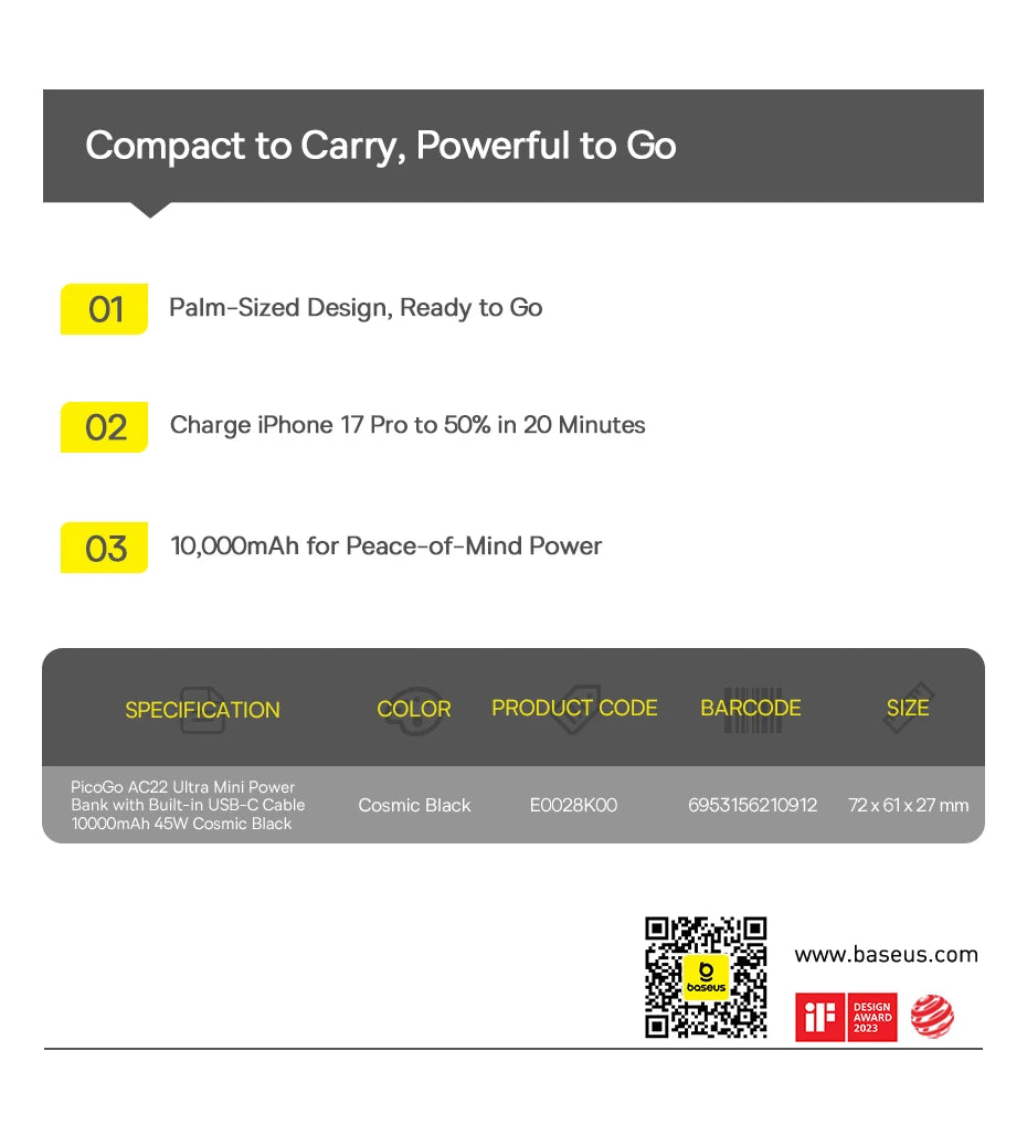 Tidesmit 10000mAh Fast Charging Power Bank with Built-in USB-C Cable Tidesmit