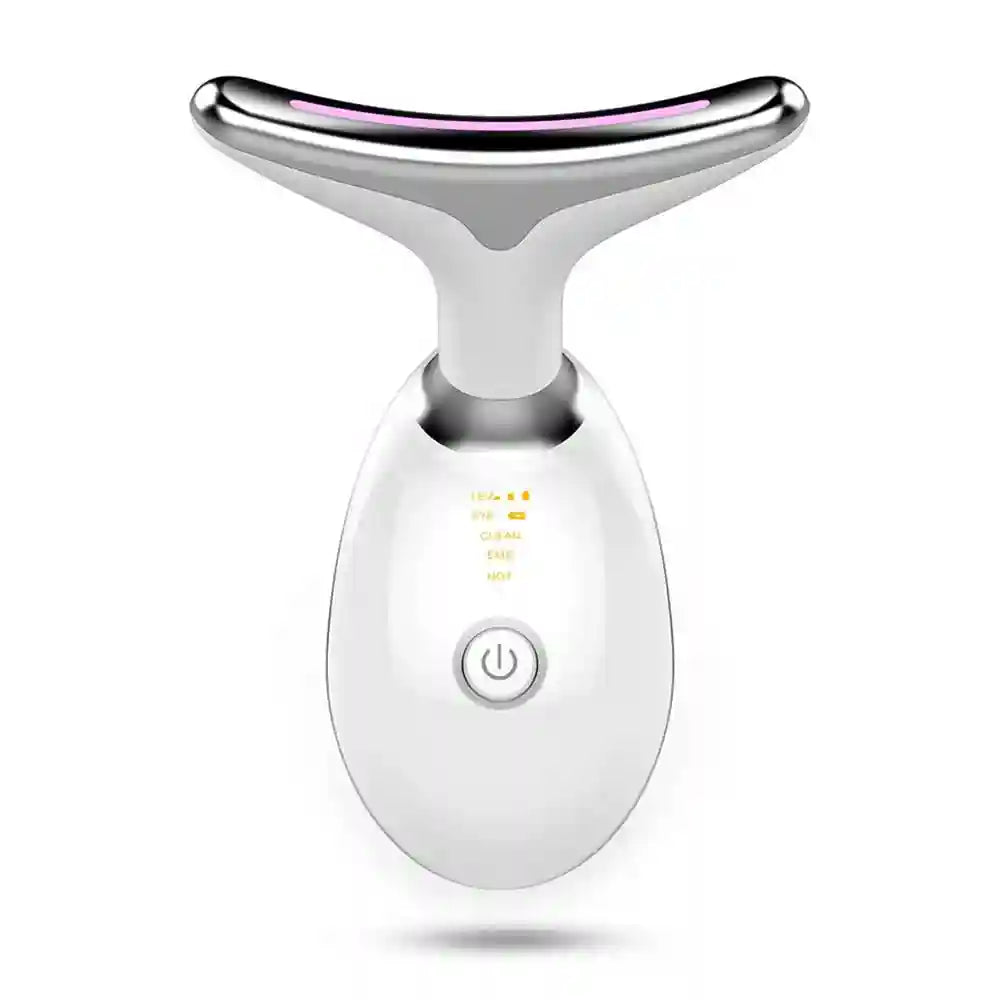White and silver T-shaped EMS facial massager with a digital mode display and a single power button.