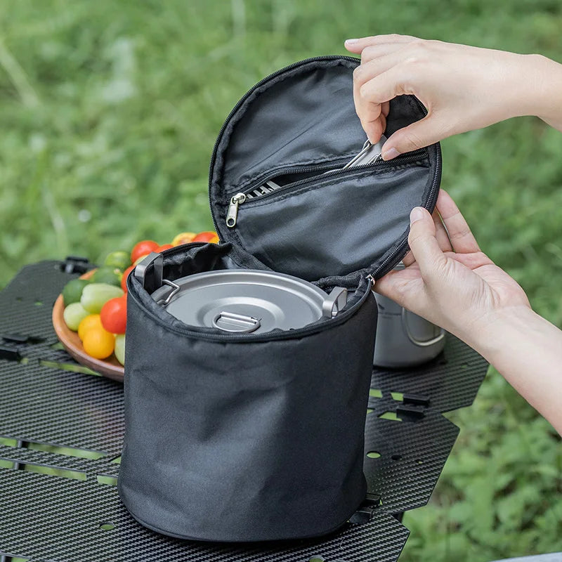 Titanium pot set packed in a black carrying pouch with zipper