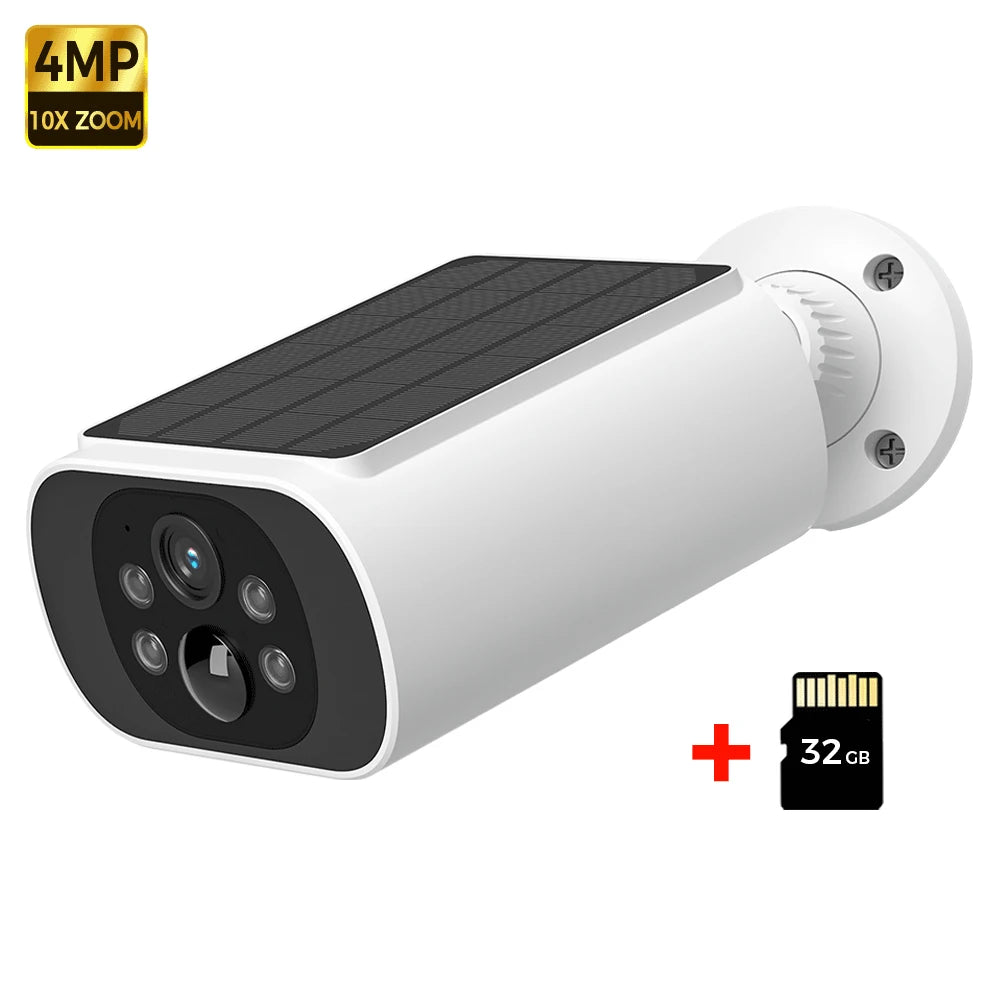 White solar wireless security camera with solar panel and front quad-lens; includes 32GB card