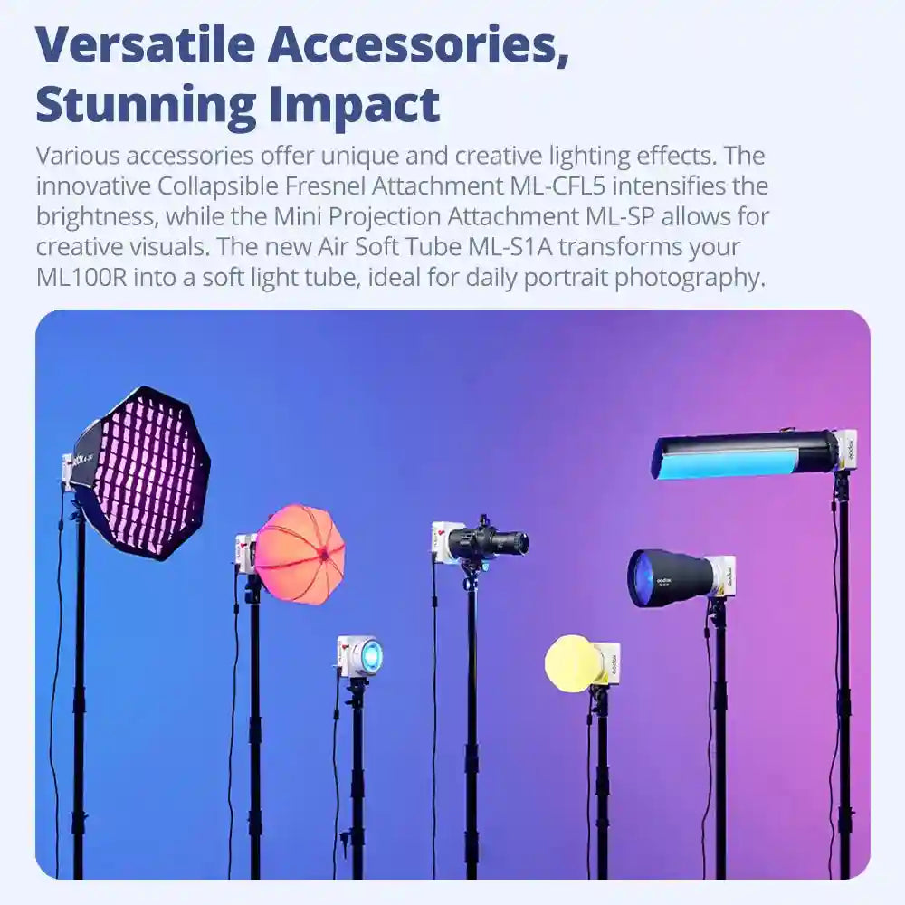 Six photography lighting attachments and modifiers on stands, featuring various shapes, sizes, and colored light