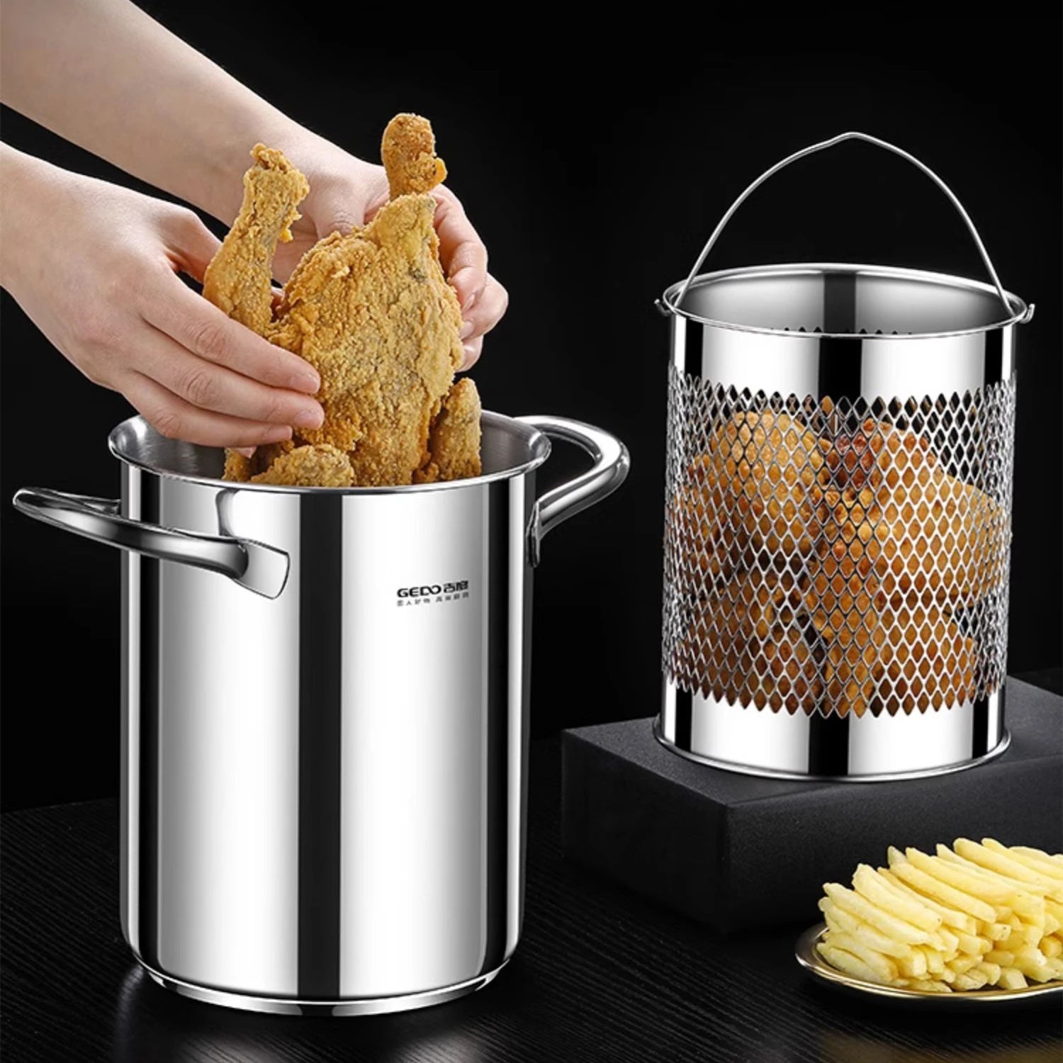 LFGB Certificated Pure 304 Stainless Steel Deep Fryer Oil Save Potato Chip Frying Pot Vegetable Noodle Stewing Pot with Strainer