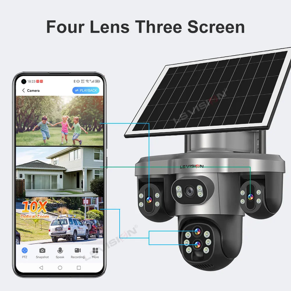 LS VISION 20MP 10X Optical Zoom 4G Solar Camera Outdoor WiFi Three Screen 3PTZ 360° Auto Tracking Security CCTV Camera V380 Pro