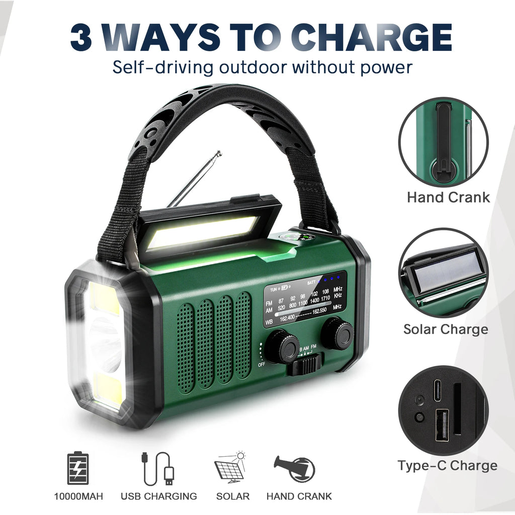 Woopker Radio XSY-330 10000mAh FM Emergency Radio Solar Hand Crank Generator AM/FM/NOAA LED Portable Radio SOS Alarm Power Bank