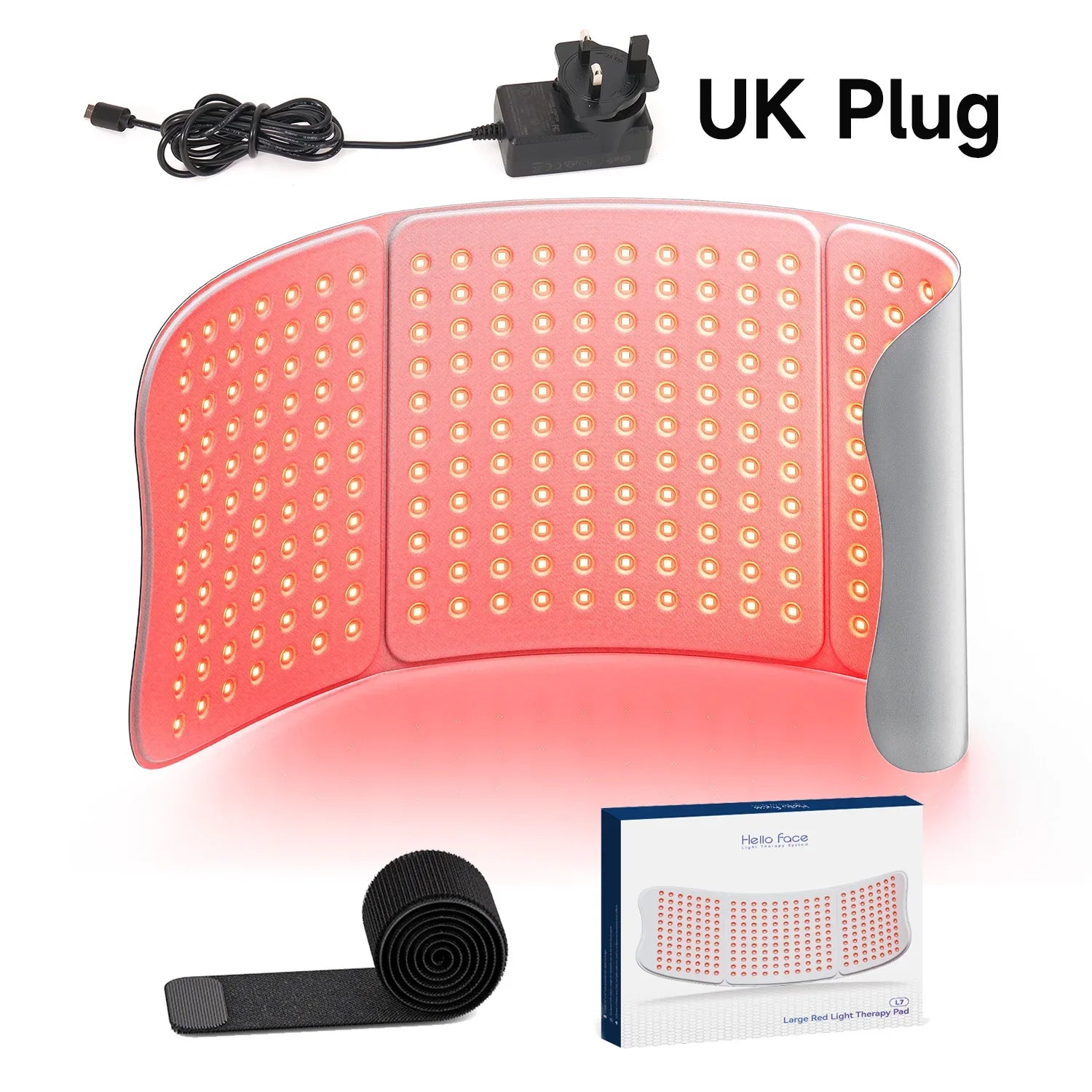 Large red light therapy mat with 792 LEDs, UK power adapter, velcro strap, and Hello Face packaging box.
