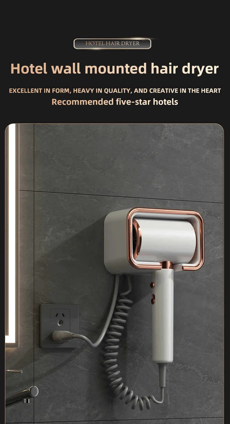 White and rose gold 1300W wall-mounted negative ion hair dryer for home or hotel bathrooms with coiled cord.