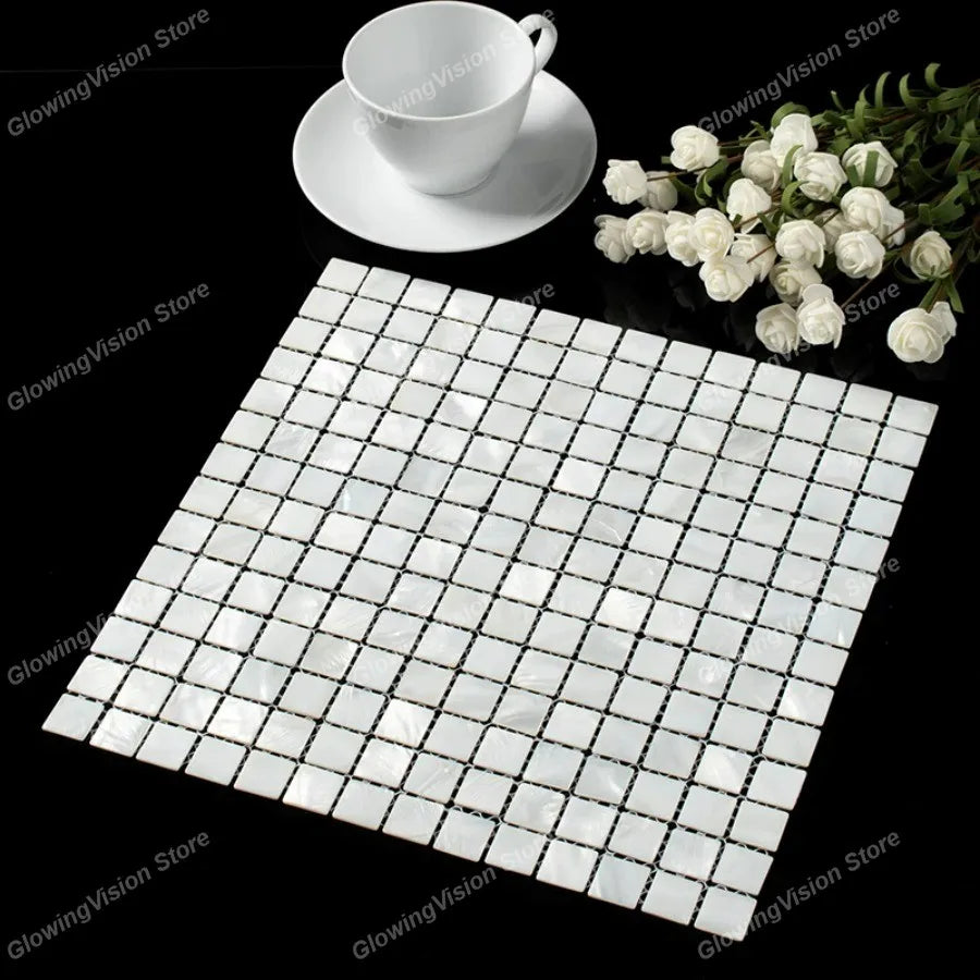 Mother-of-pearl mosaic tile sticker sheet with black grid grout and reflective white squares