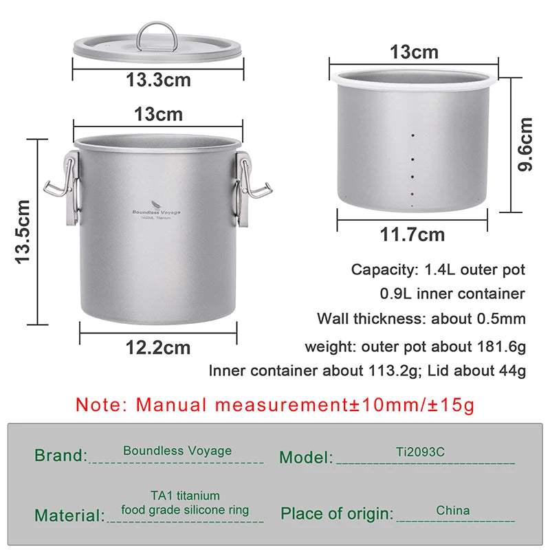 Titanium pot rice cooker dimensions diagram with outer pot, inner container, and capacity
